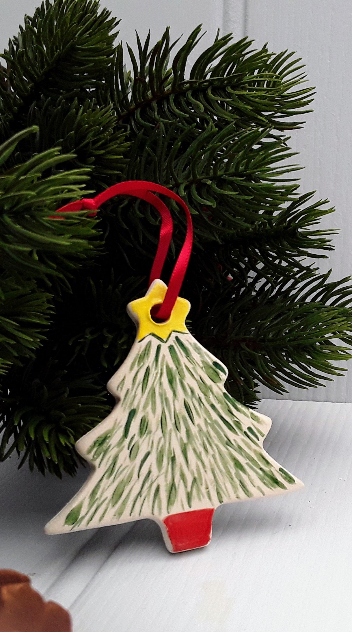 Ceramic Christmas tree decoration - Snowy Christmas tree in a bright red pot topped with a star