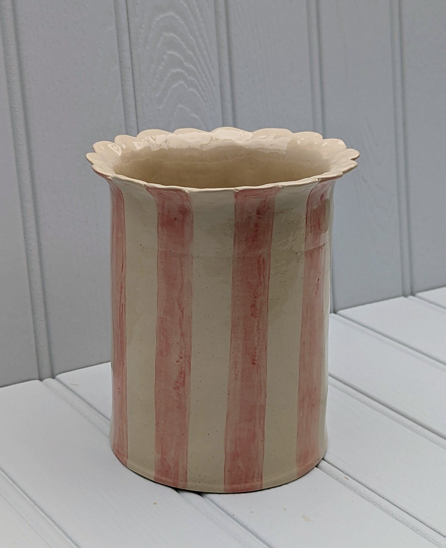 Sea Bramble Ceramics - Handmade, Extra-large, Stoneware vase from their Daisy vase range. Front view shown with pink stripes and a scalloped top, this vase is ideal for fuller, larger flower arrangements.