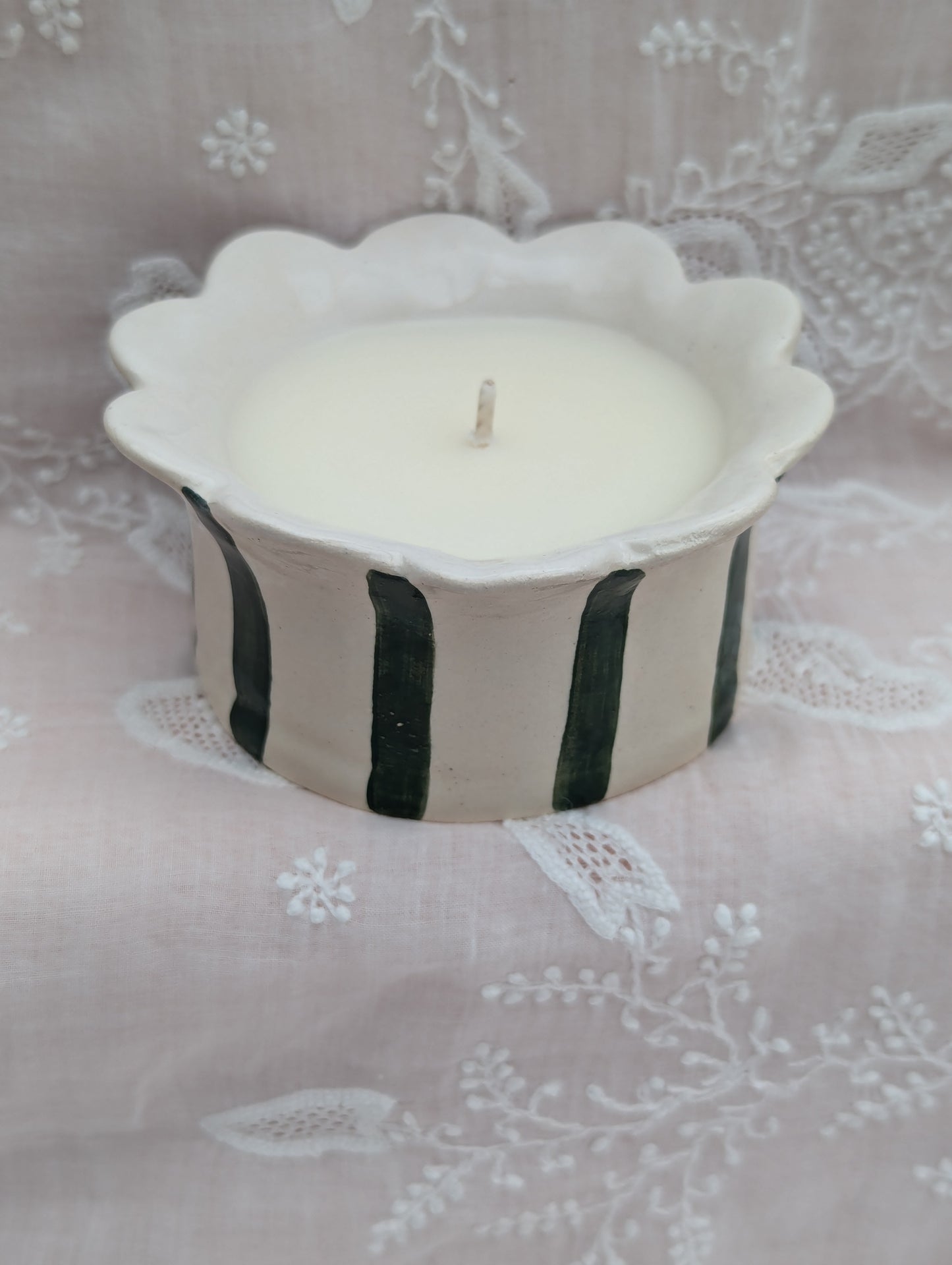 Green striped travel candle. Designed and handmade exclusively by Sea Bramble Ceramics.