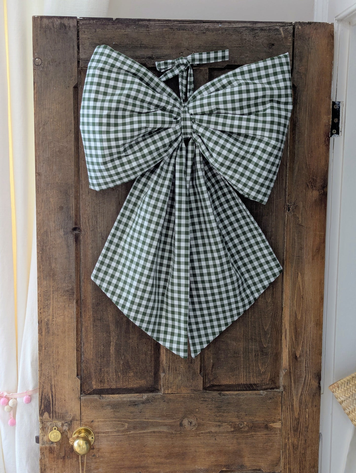 Extra large, padded, green gingham bow. Handmade by Sea Bramble Ceramics.
