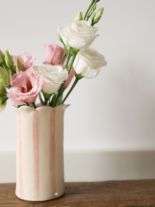Sea Bramble Ceramics' Handmade, Daisy vase, pink stripes and Sea Brambles' signature scalloped top.