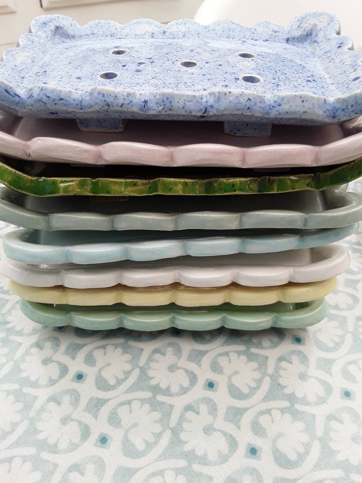 Sea Bramble Ceramics - Handmade Large soap dishes with scalloped edge showing holes and feet for drainage