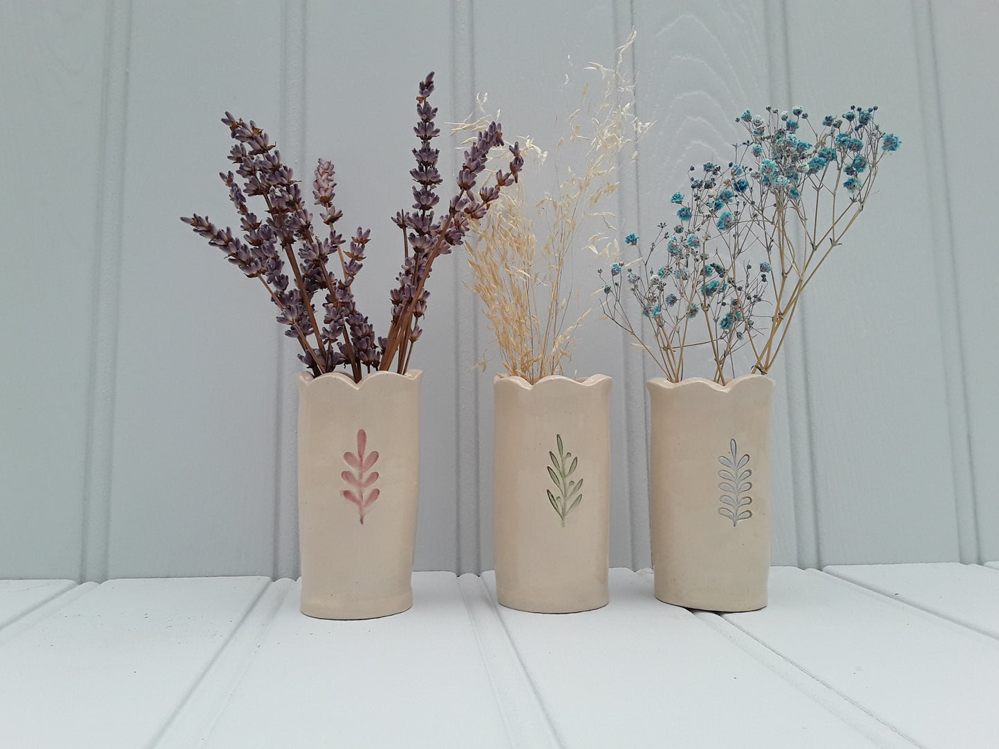 Three Short Sea Lavender vases in pink, sage and baby blue