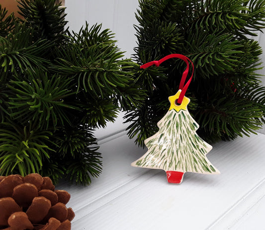 Ceramic Christmas tree decoration - Snowy Christmas tree in a bright red pot topped with a star