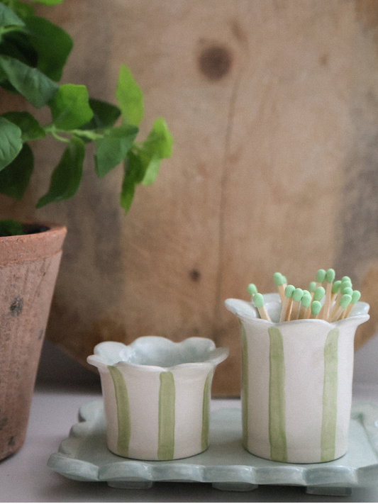 Sage striped tealight holder by Sea Bramble Ceramics with matching match striker.