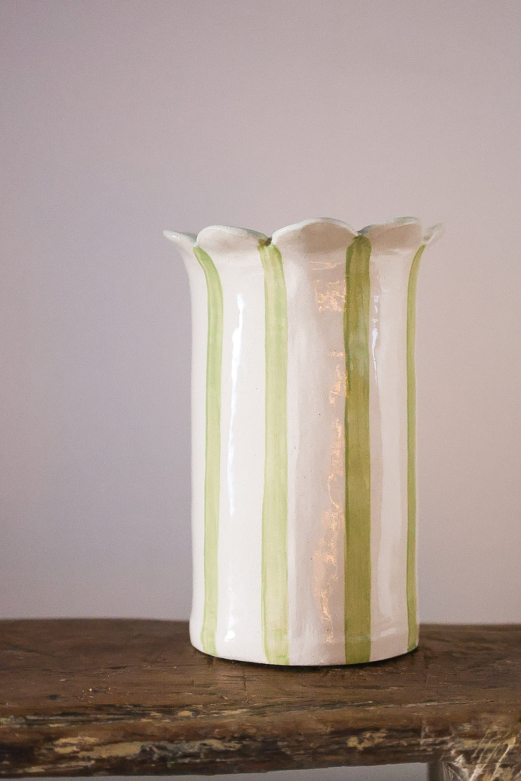 Sea Bramble Ceramics' Handmade, Daisy vase, sage stripes and Sea Brambles' signature scalloped top.