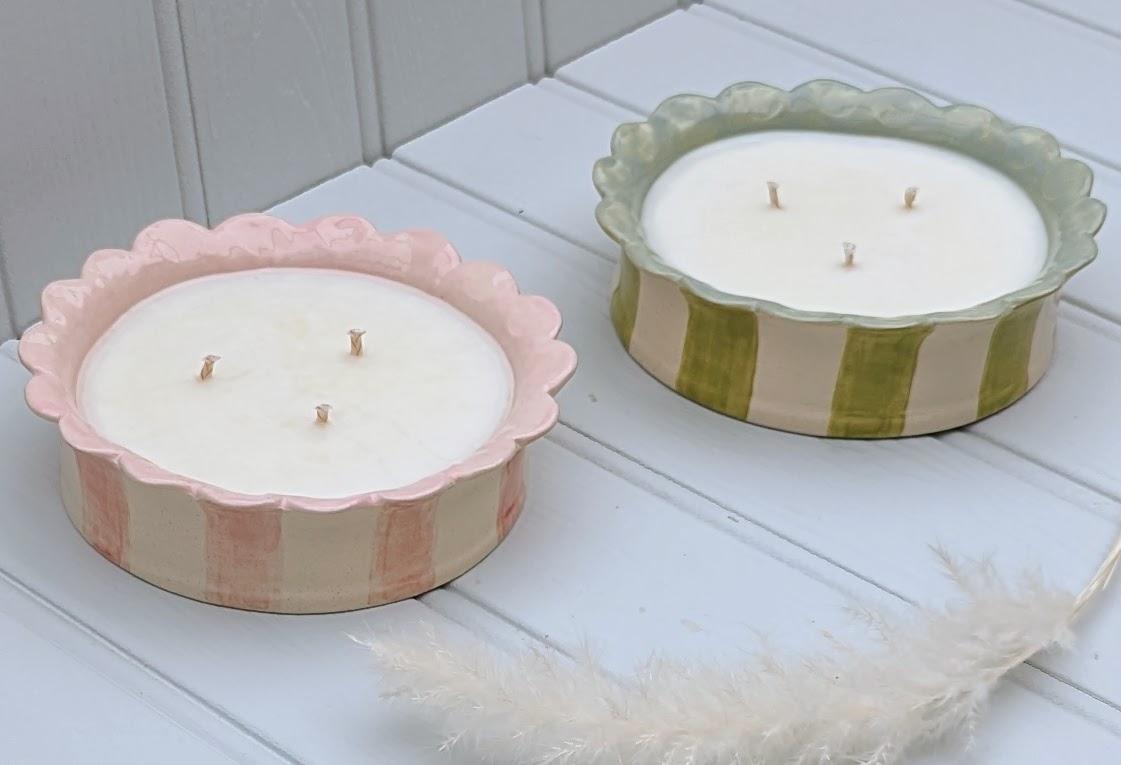 Sea Bramble Ceramics - Handmade, Earthenware 3 wick candle. In Pink, Sage, Baby blue stripes or White, all with Sea Brambles beautiful signature scalloped top.