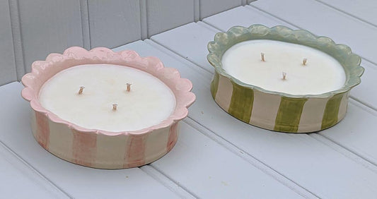 Sea Bramble Ceramics - Handmade, Earthenware 3 wick candle. In Pink, Sage, Baby blue stripes or White, all with Sea Brambles beautiful signature scalloped top. Two candles shown here, one in pink and one sage.
