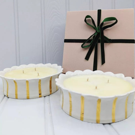 Gold stripes, scalloped edge ceramic 3 wick candle holder with presentation box