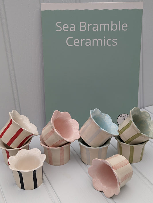 Sea Bramble Ceramics - Homemade Earthenware Striped and Scalloped tealight holders. Shown in Red, Navy blue, Pink, Baby blue and Sage.
