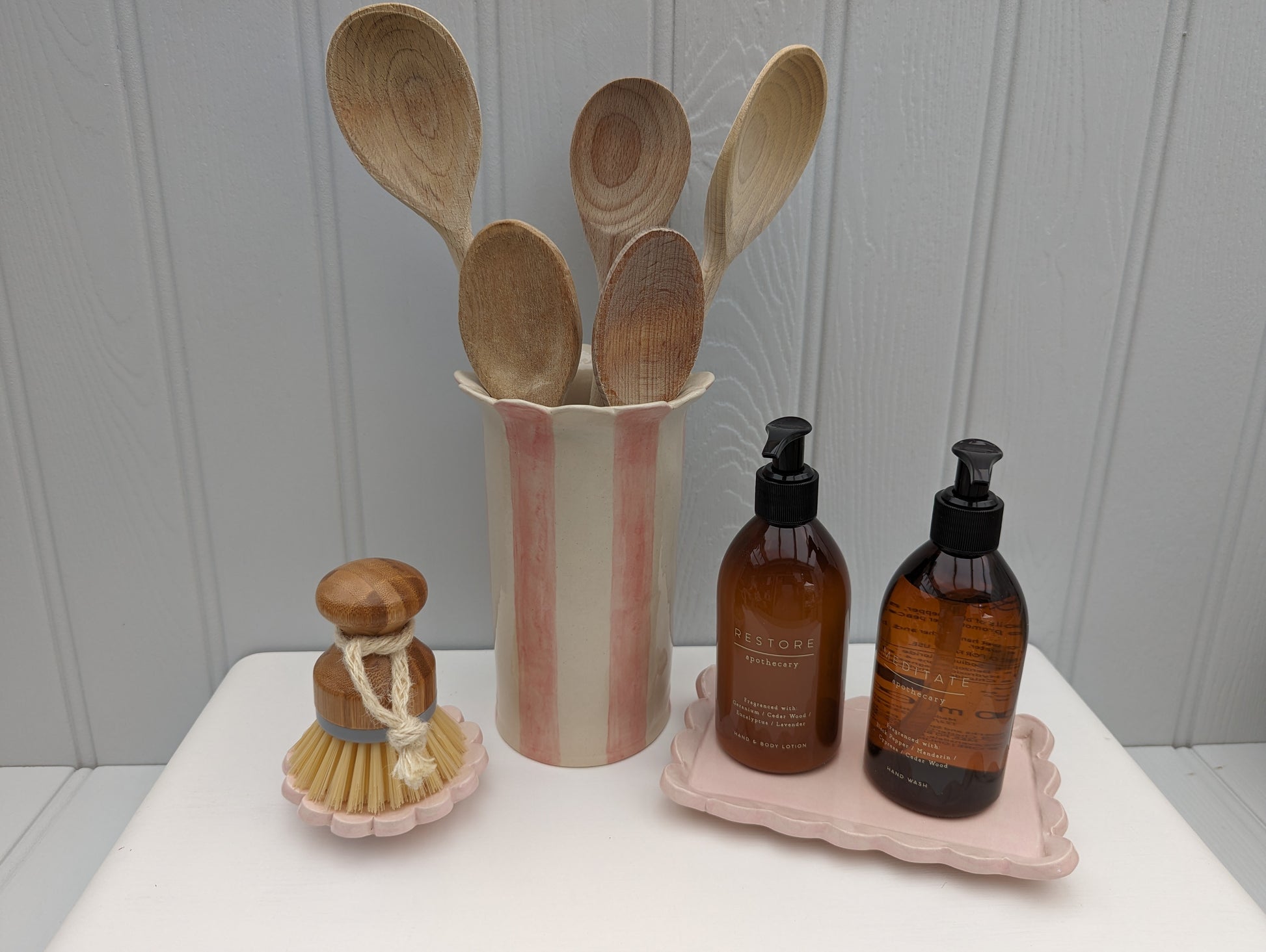 Sea Bramble Ceramics - Handmade kitchen utensil holder, in pink. with matching Sea Bramble bottle and brush stand.