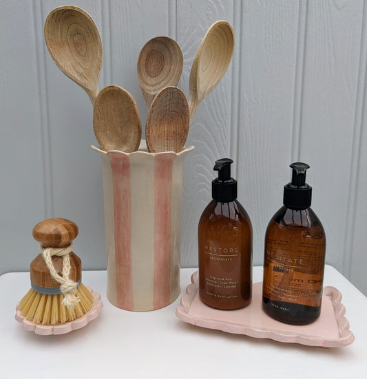 Sea Bramble Ceramics - Handmade kitchen utensil holder, in pink. with matching Sea Bramble bottle and brush stand.