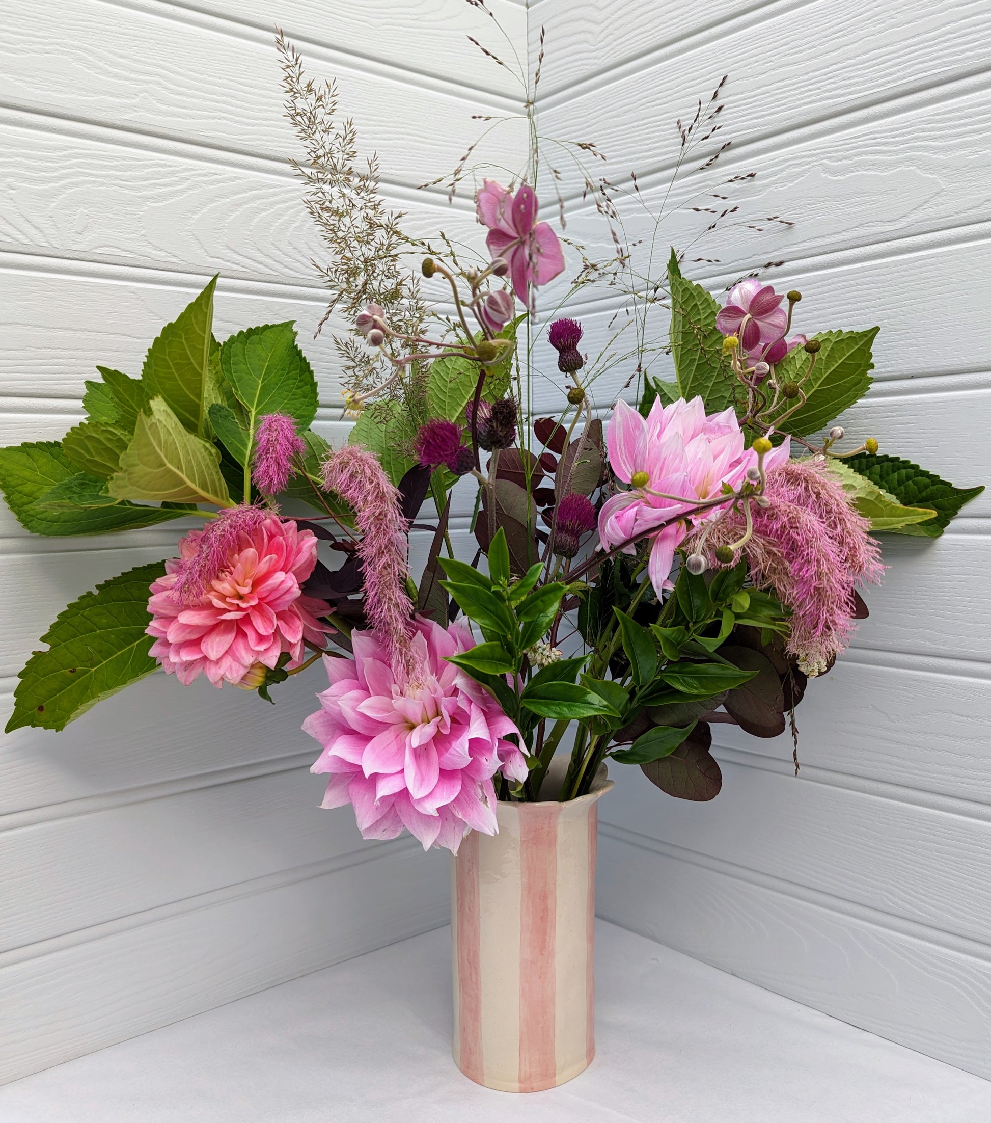 Sea Bramble Ceramics - Large Daisy vase. Handmade, Stoneware, with Sea Brambles' signature scallops. Shown here in pink stripes.