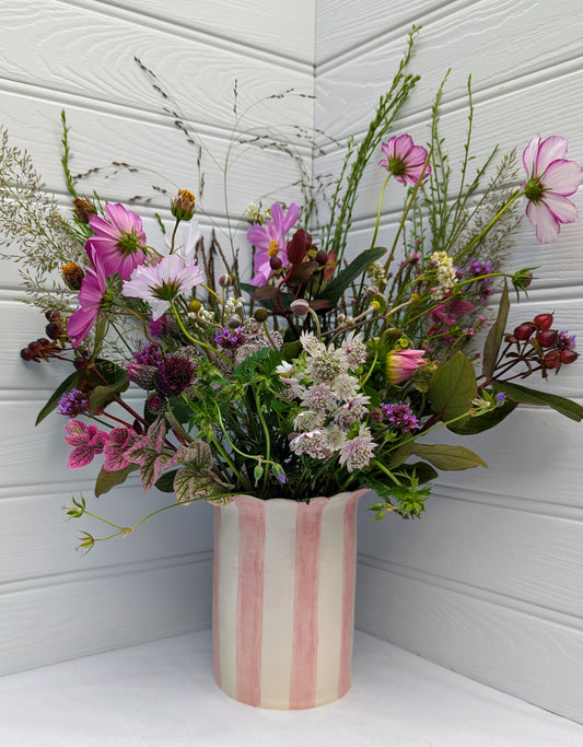 Sea Bramble Ceramics - Handmade, Extra-large, Stoneware vase from their Daisy vase range. With pastel stripes and that Sea Bramble' signature scalloped top, this vase is ideal for fuller, larger flower arrangements as shown with these beautiful flowers.