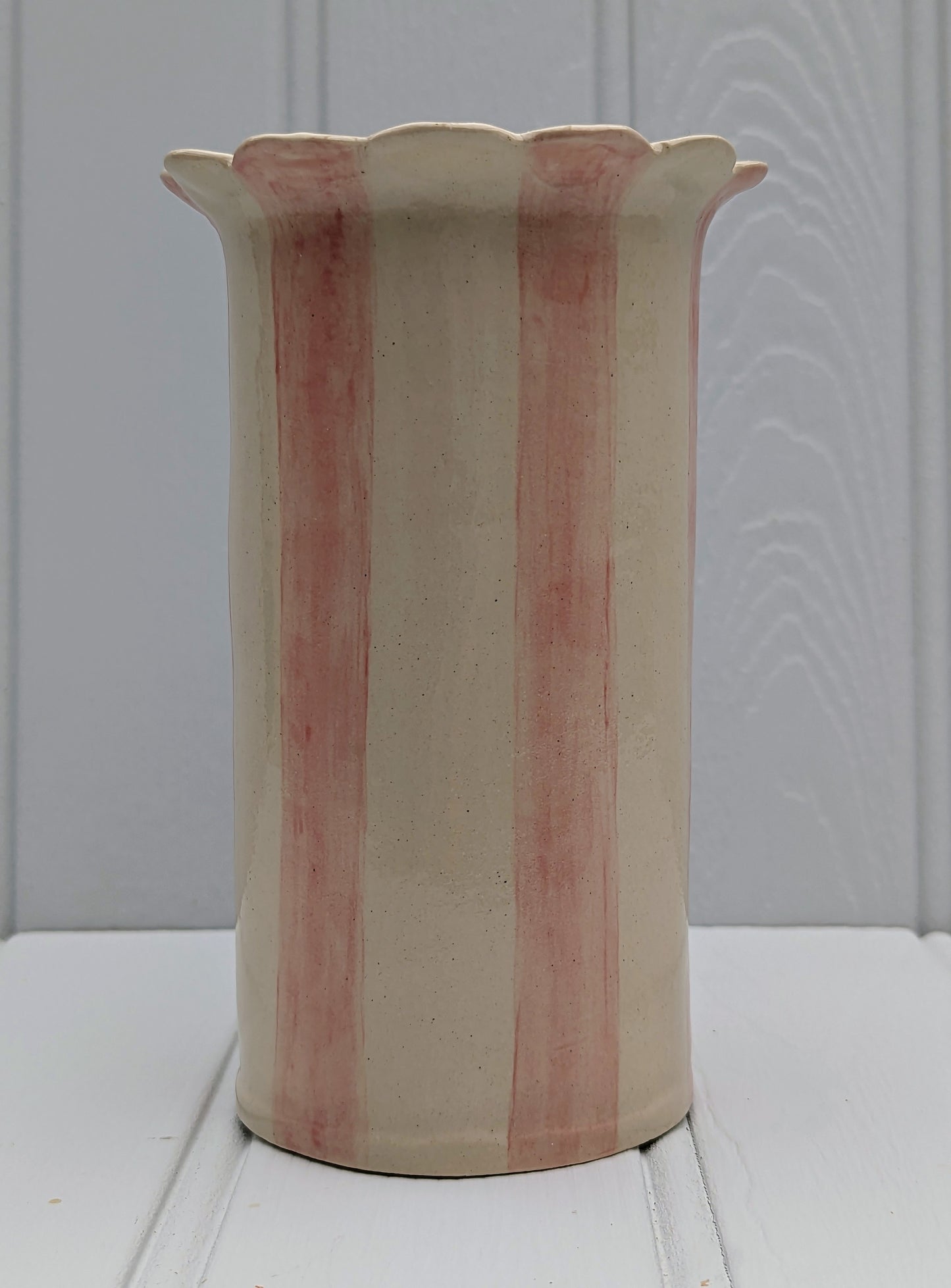 Sea Bramble Ceramics - Large Daisy vase. Handmade, Stoneware, with Sea Brambles' signature scalloped top. Shown here in close-up with pink stripes.