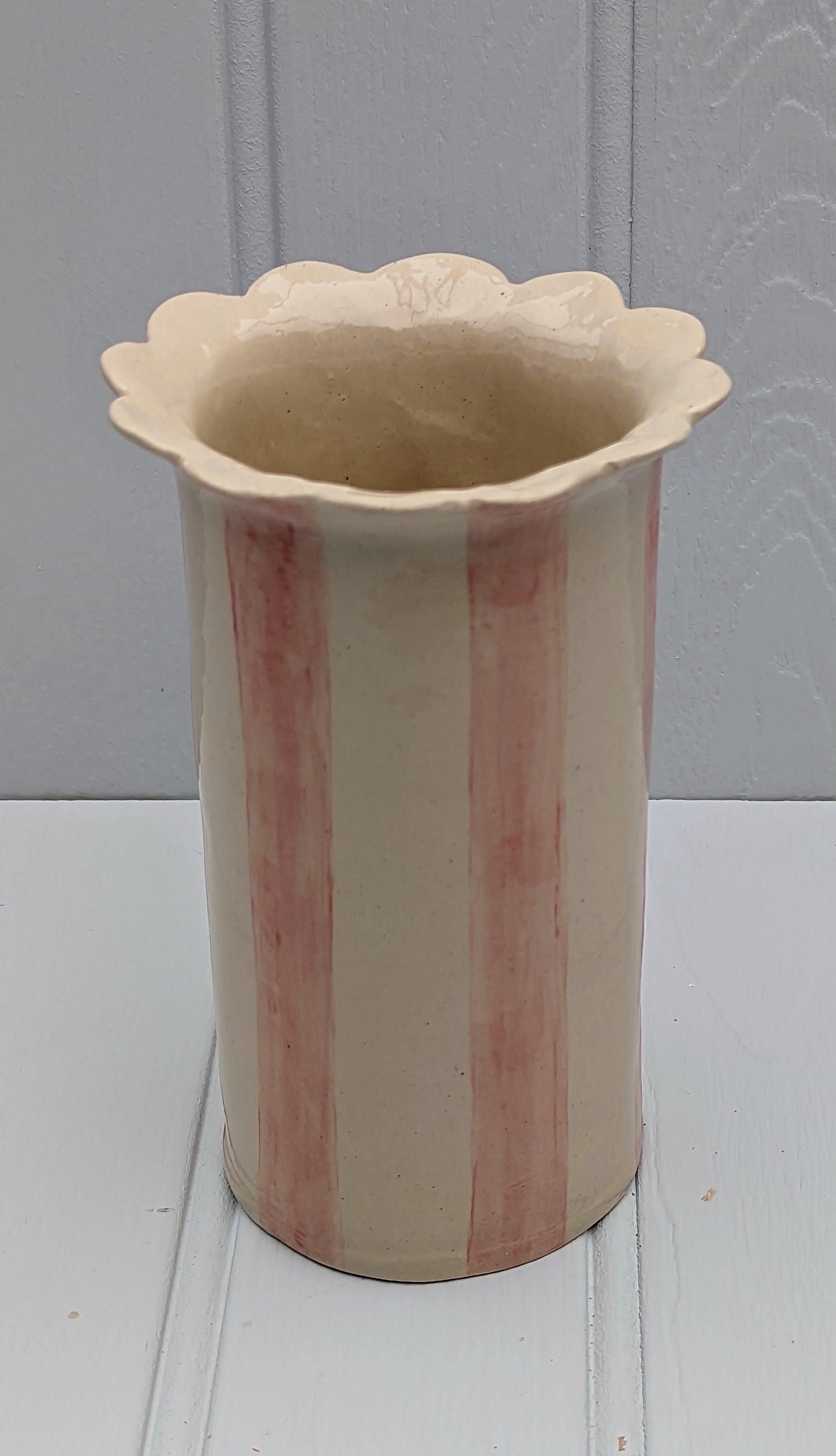 Sea Bramble Ceramics - Large Daisy vase. Handmade, Stoneware, with Sea Brambles' signature scallops. Shown here in pink stripes.