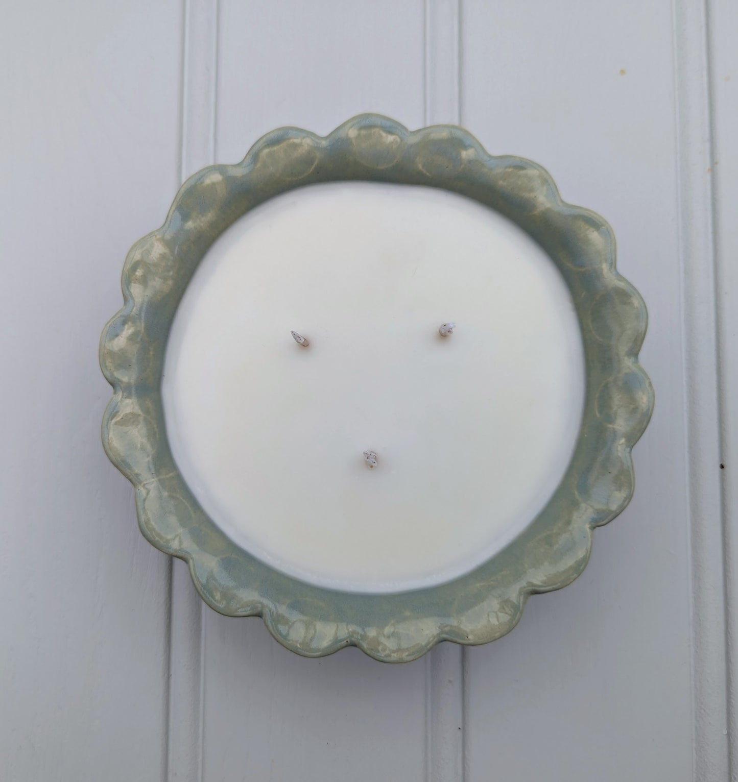 Sea Bramble Ceramics - Handmade, Earthenware 3 wick candle. In Pink, Sage, Baby blue stripes or White, all with Sea Brambles beautiful signature scalloped top. Shown in Sage and viewed from above.