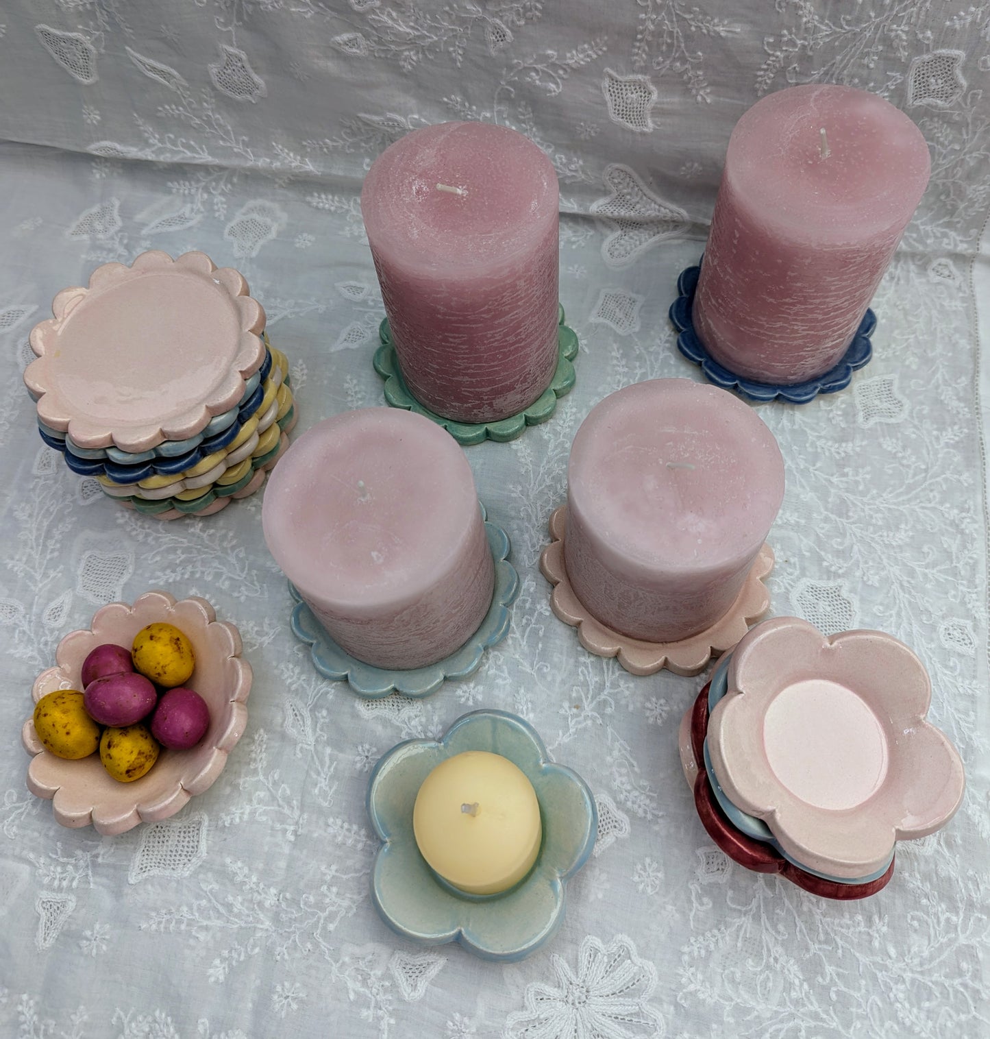 Sea Bramble Ceramics - Handmade little Flower dishes that are perfect for butter, condiments, trinkets and tealights. Viewed from the top with Scalloped candle stand.