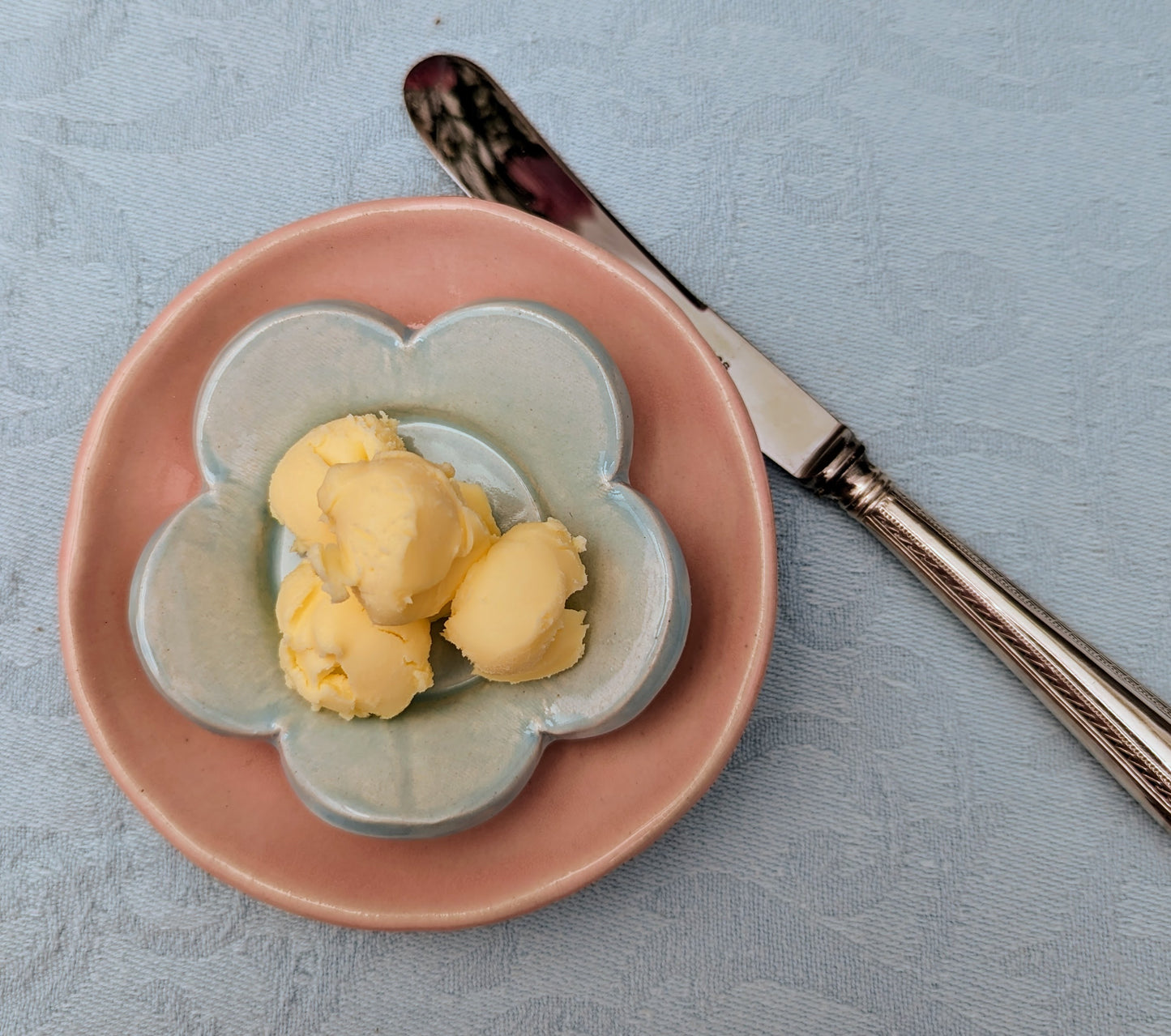 Sea Bramble Ceramics - Handmade little Flower dishes that are perfect for butter, condiments, trinkets and tealights. Shown here as a butter dish.