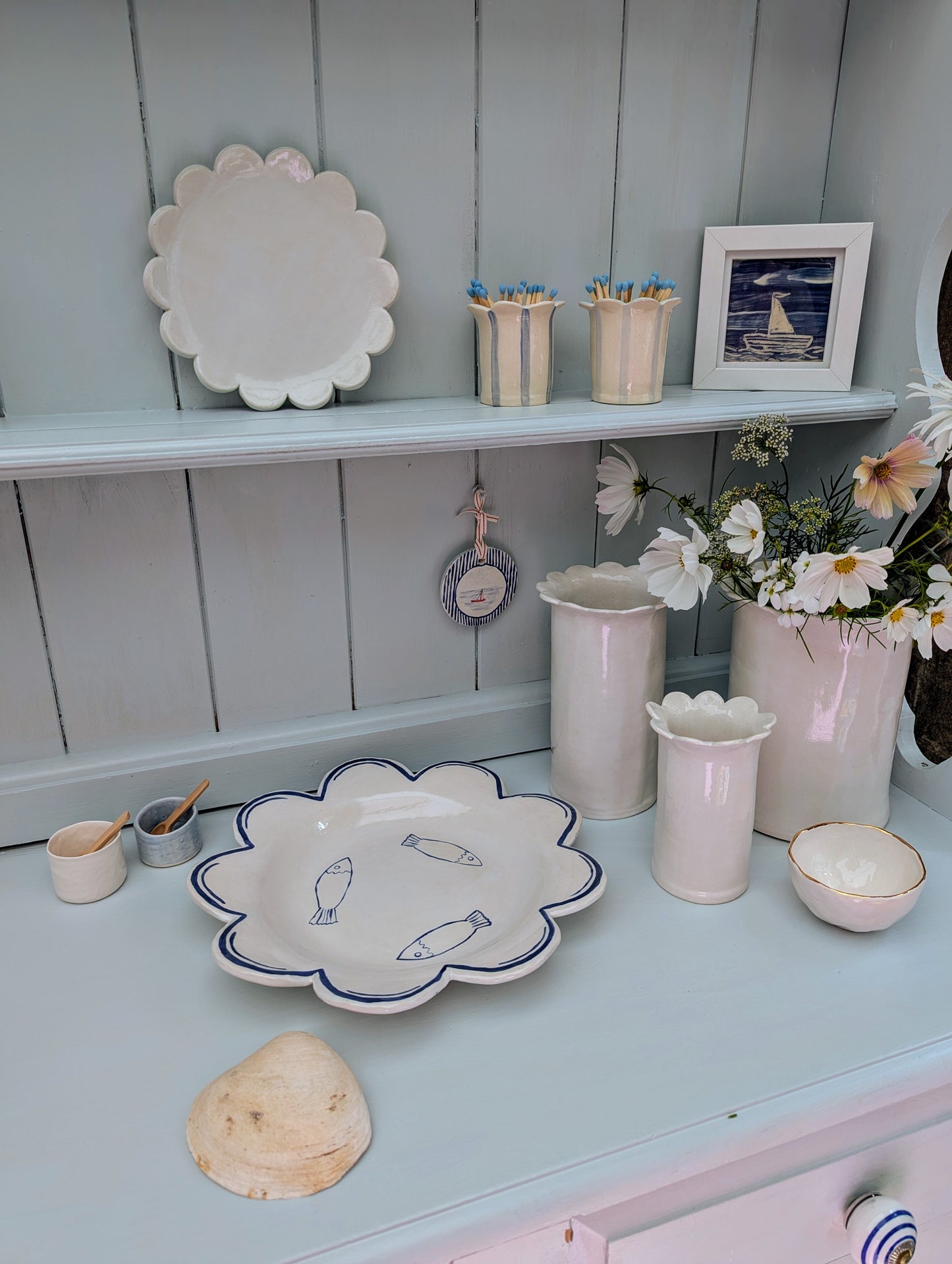 Decorative plate with a 3 fish motif. Designed and handmade exclusively by Sea Bramble Ceramics.