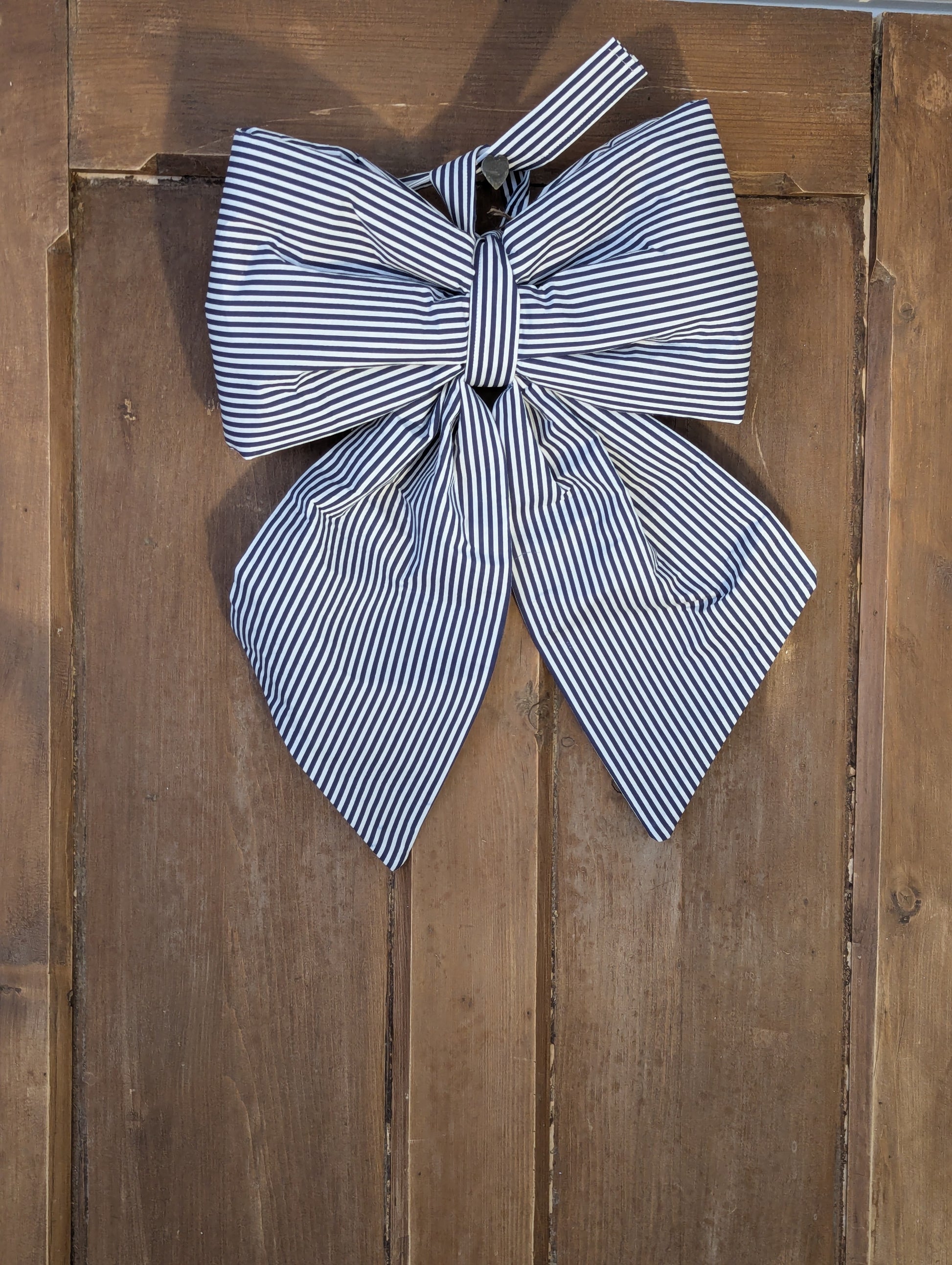 Navy pinstripe bow