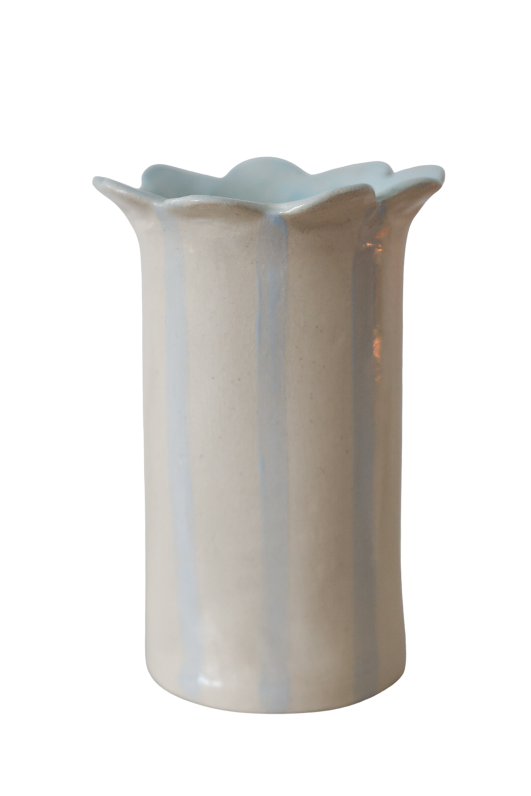 Sea Bramble Ceramics' Handmade, Daisy vase, blue stripes and Sea Brambles' signature scalloped top.