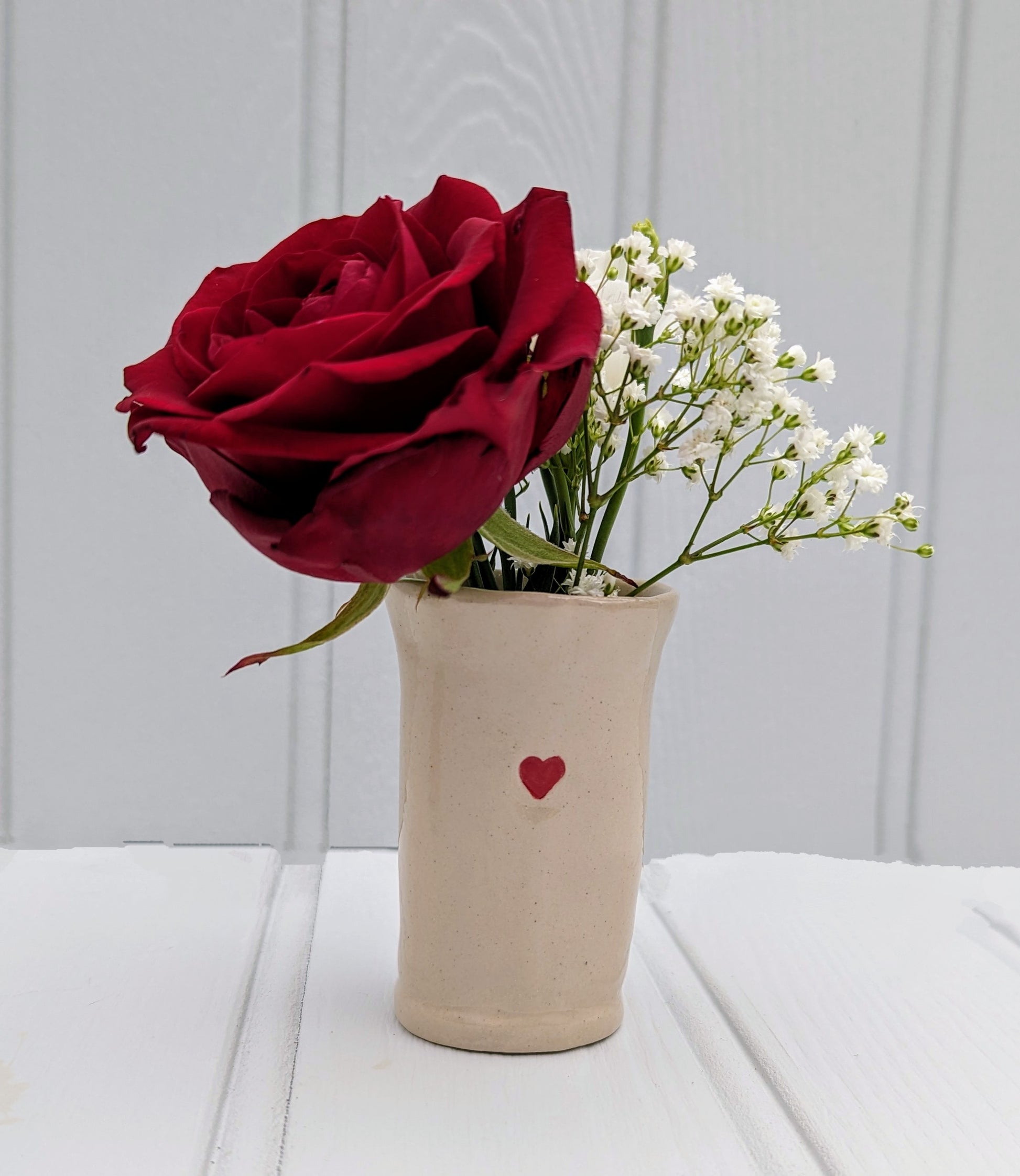 Sea Bramble Ceramics - Handmade Stoneware, little Sweet pea vases, natural colour with a delicate red heart