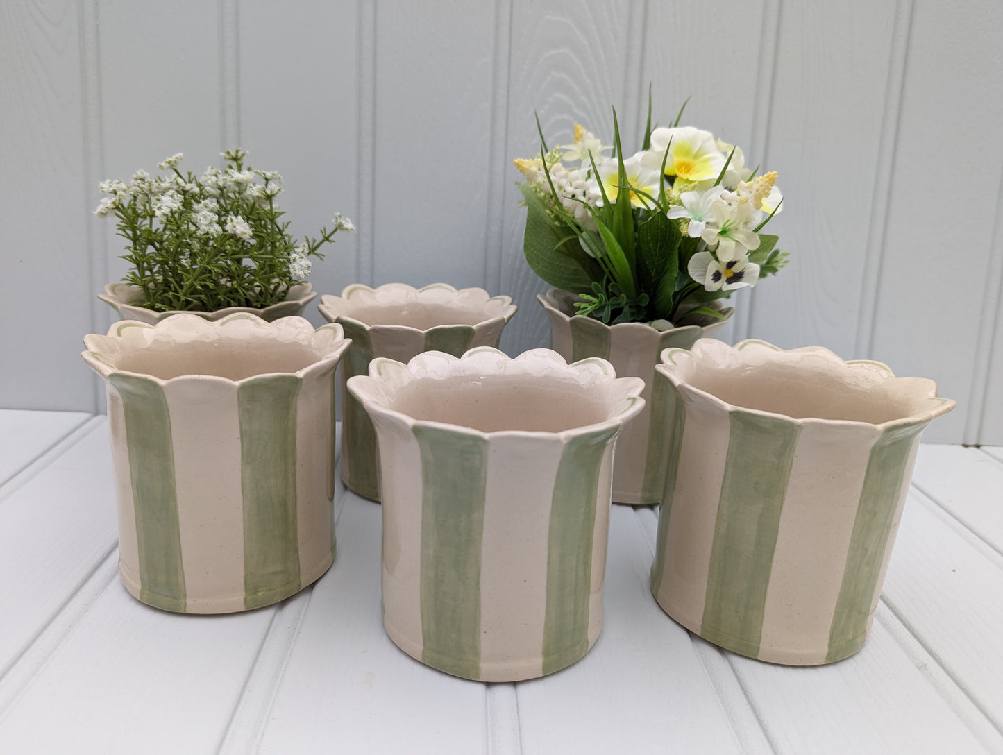 Six ceramic planters with a scalloped rim, featuring vertical stripes in sage green. By Sea Bramble Ceramics. 
