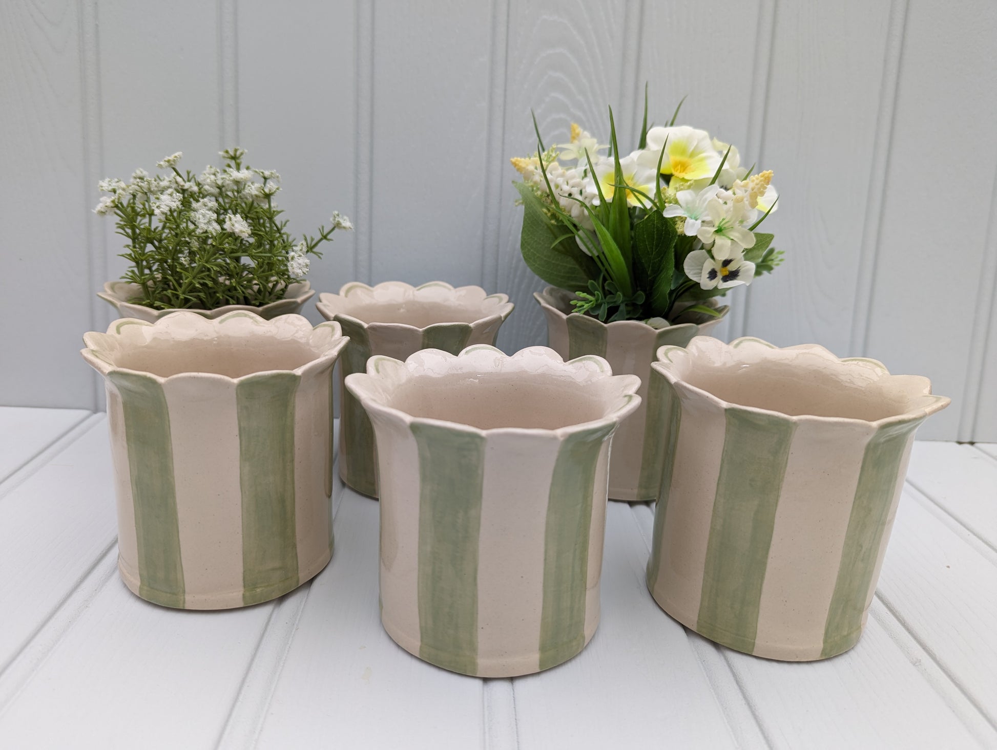 Six ceramic planters with a scalloped rim, featuring vertical stripes in sage green. By Sea Bramble Ceramics. 