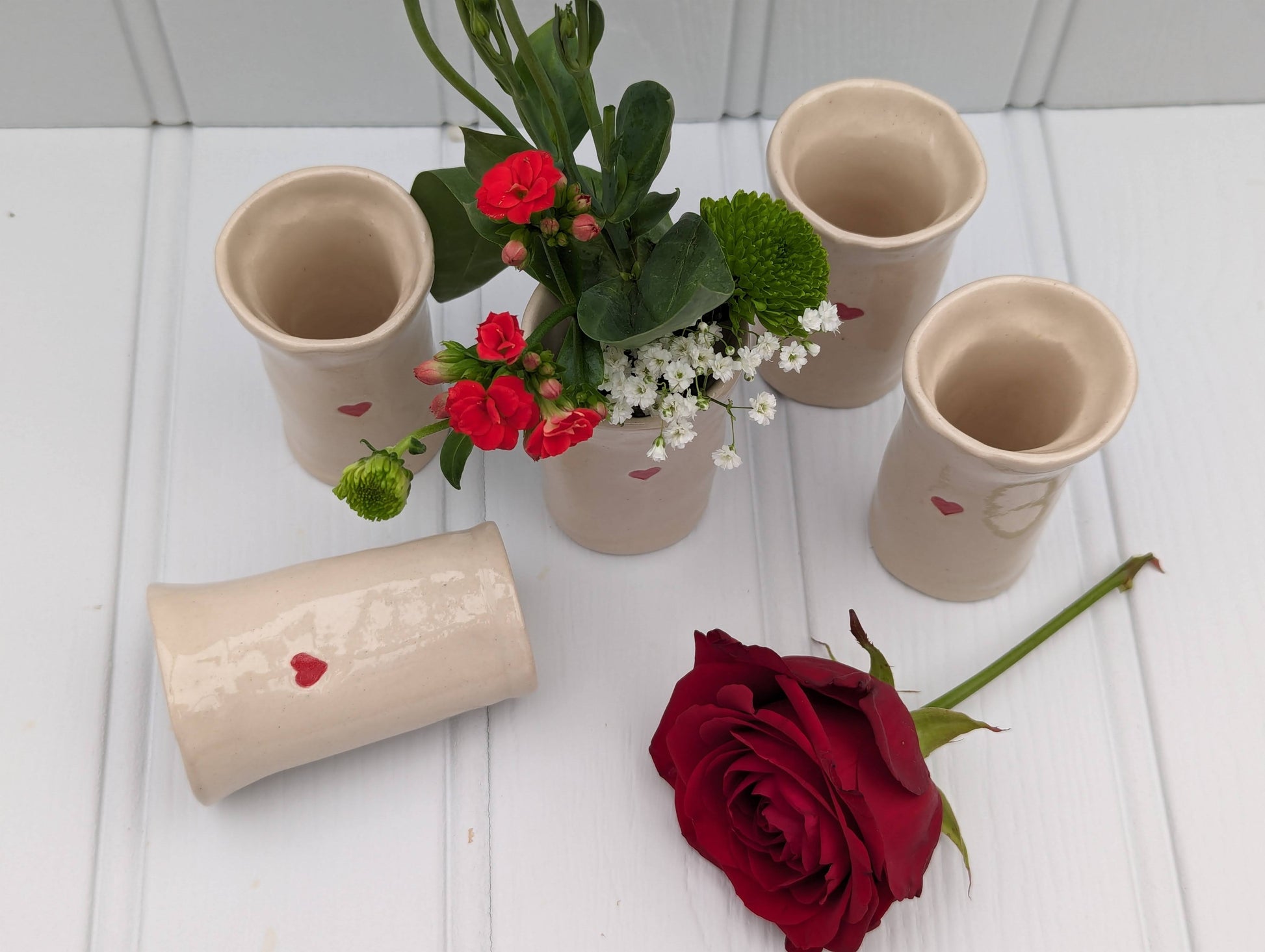 Sea Bramble Ceramics - Handmade Stoneware, little Sweet pea vases, natural colour with a delicate red heart